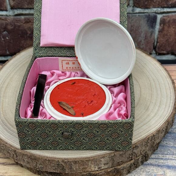 Vintage Chinese Red Cinnabar Paste Ink Dragon Porcelain Pot for Stamp Seal w Box - Picture 5 of 10